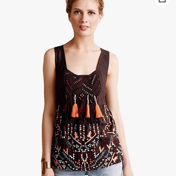 Anthro Rigmarole Akemi Kin Tassel Brown Embroidered Beaded & Tassel Tank Top - Picture 3 of 9